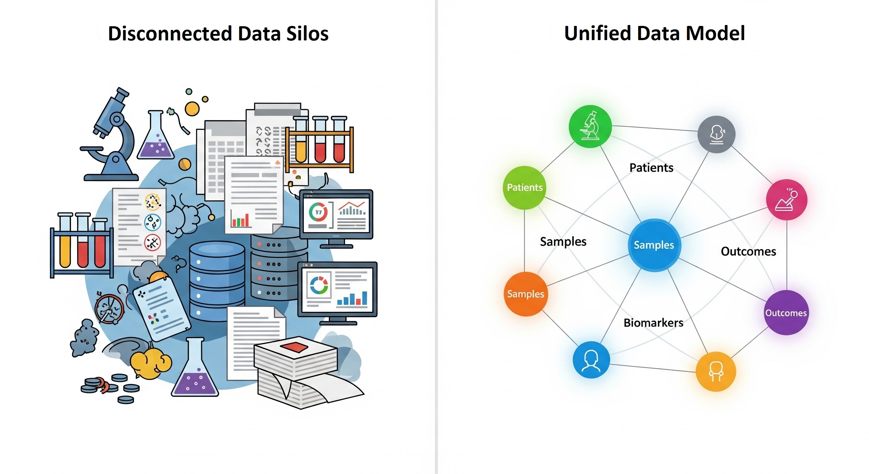 Life sciences data silos vs unified semantic data model connecting patients, samples, biomarkers, and outcomes